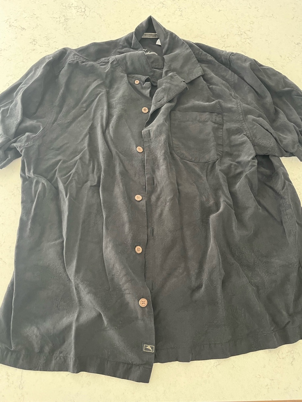 Tommy Bahama 100% Silk Black Embroidered Collar Shirt